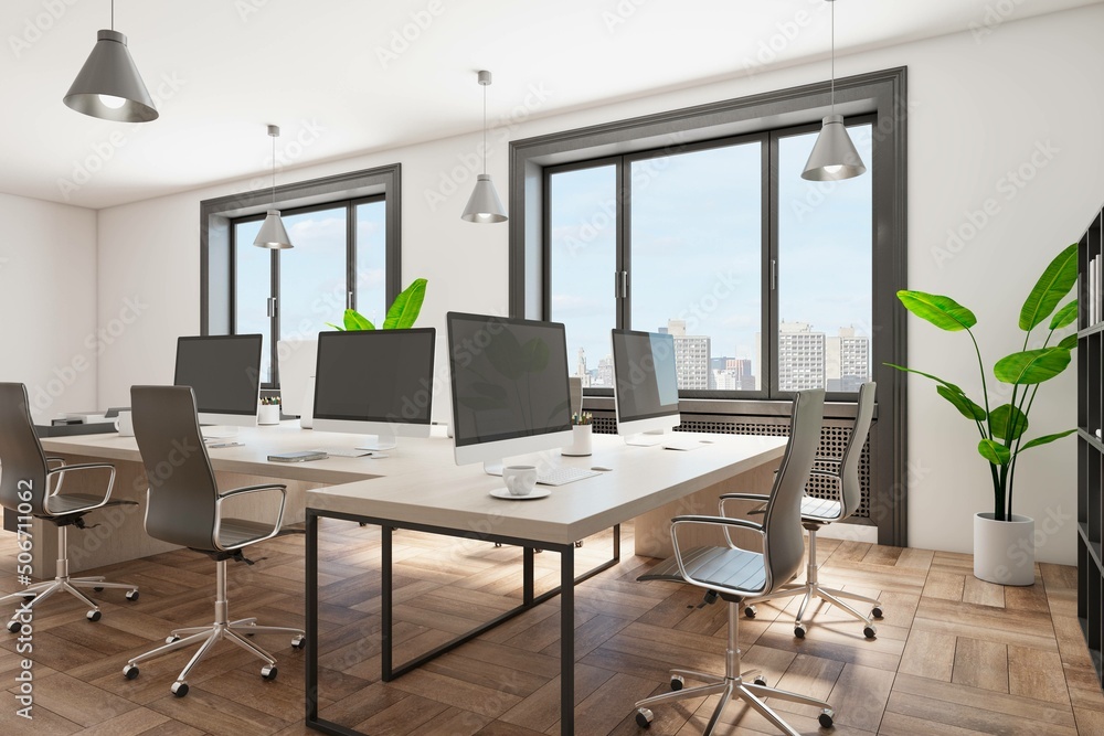 Side view on modern and comfortable work places with wooden tables and black chairs in sunny office with city view from big windows, wooden floor and green plant near white wall. 3D rendering Side view on modern and comfortable work places with wooden tables and black chairs in sunny office with city view from big windows, wooden floor and green plant near white wall. 3D rendering