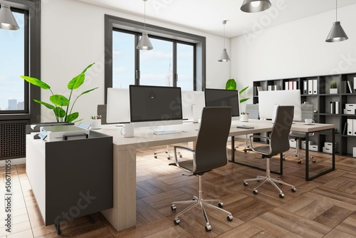 Perspective view on modern office interior design with coworking space, wooden tables and floor, black chairs and book case near white wall and big window. 3D rendering