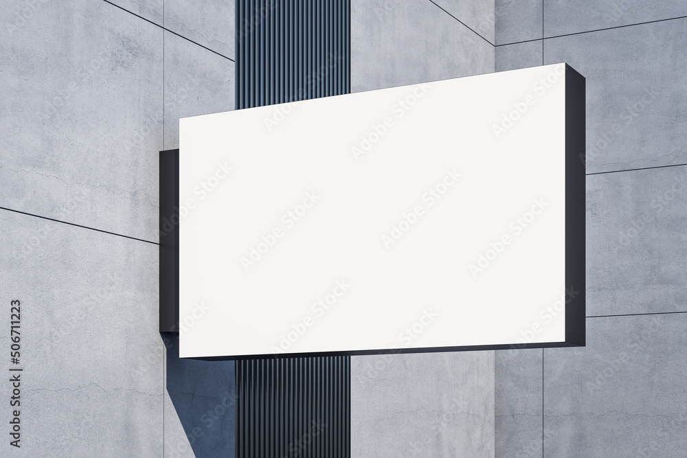 Perspective view on blank white illuminated rectangular poster on modern building grey wall with place for your logo or company name. 3D rendering, mockup Perspective view on blank white illuminated rectangular poster on modern building grey wall with place for your logo or company name. 3D rendering, mockup