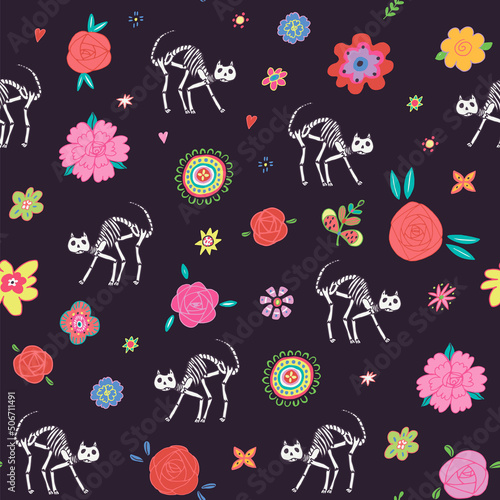 Mexican day of the death halloween skeletons cat vector seamless pattern