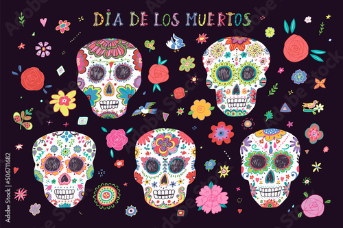 Mexican day of the death halloween vector illustrations set