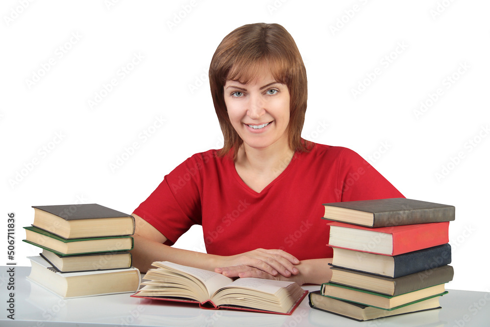 portrait of beautiful student girl sitting among the books portrait of beautiful student girl sitting among the books
