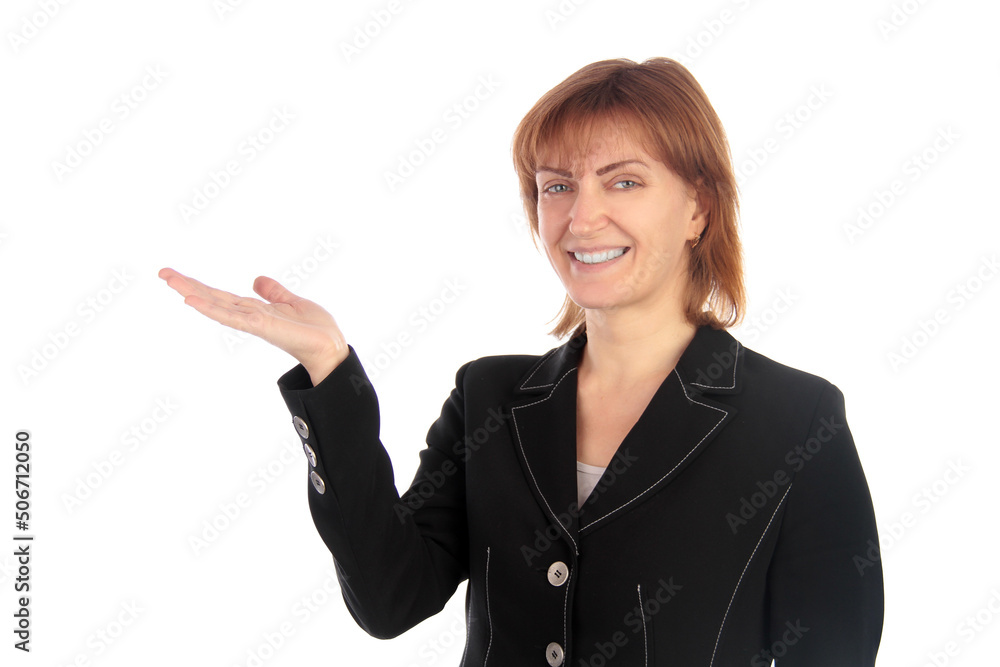 Smiling woman showing copy-space for product or advertisement text Smiling woman showing copy-space for product or advertisement text