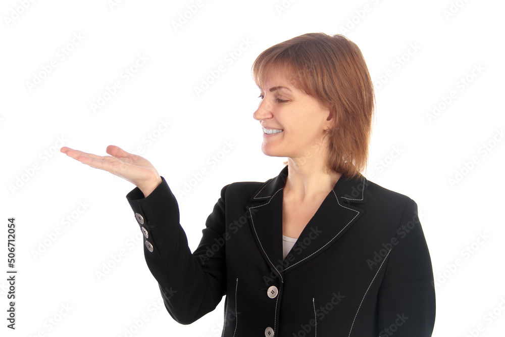 Smiling woman showing copy-space for product or advertisement text Smiling woman showing copy-space for product or advertisement text