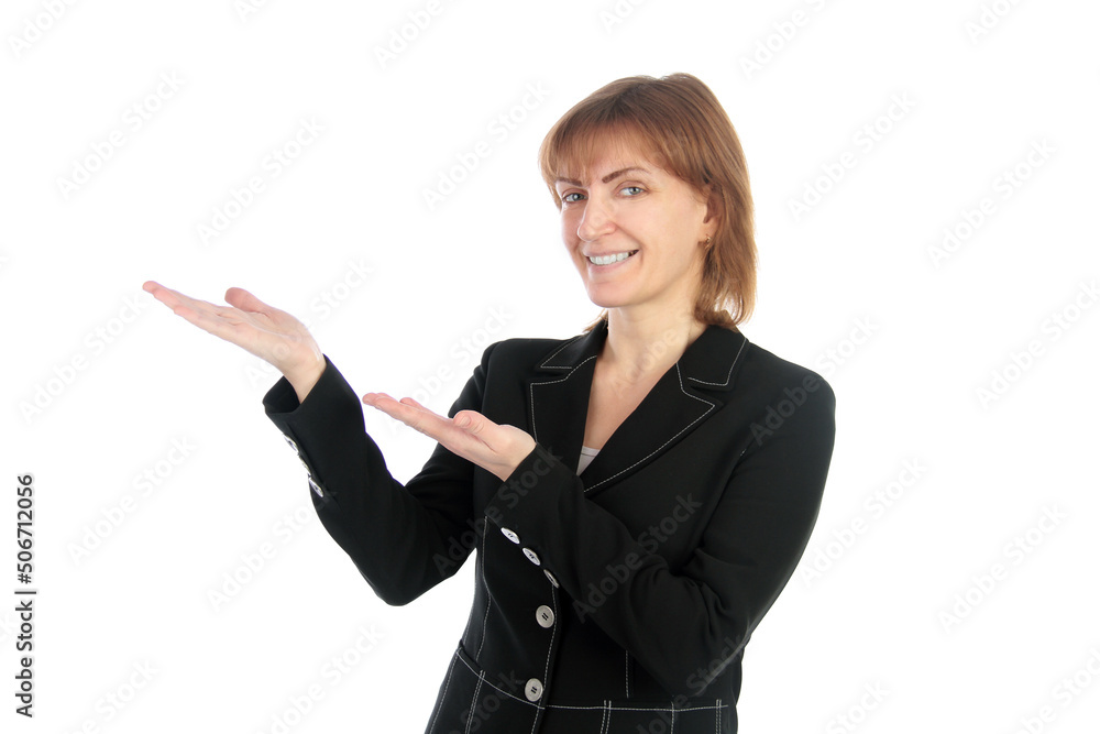Smiling woman showing copy-space for product or advertisement text Smiling woman showing copy-space for product or advertisement text