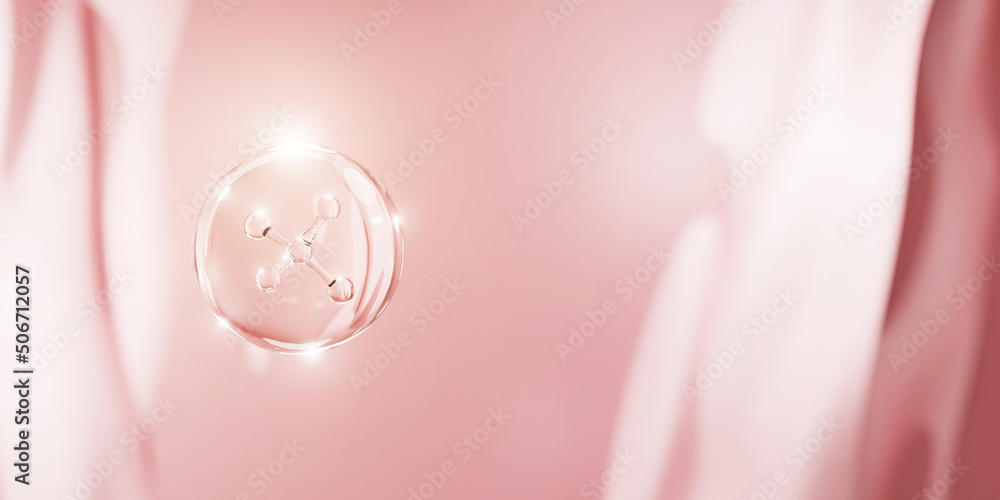 molecule inside bubble, 3D Collagen Skin Serum and Vitamin illustration isolated on soft color background. concept skin care cosmetics solution. 3d rendering.	