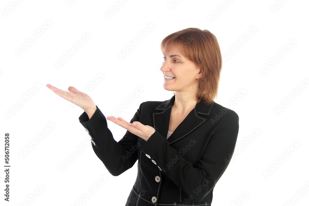 Smiling woman showing copy-space for product or advertisement text Smiling woman showing copy-space for product or advertisement text