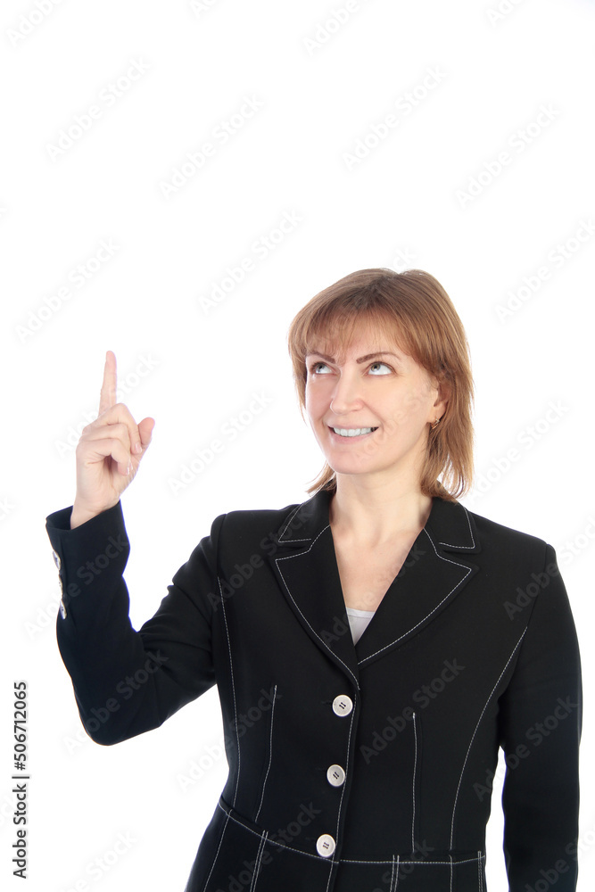 Smiling woman showing copy-space for product or advertisement text Smiling woman showing copy-space for product or advertisement text