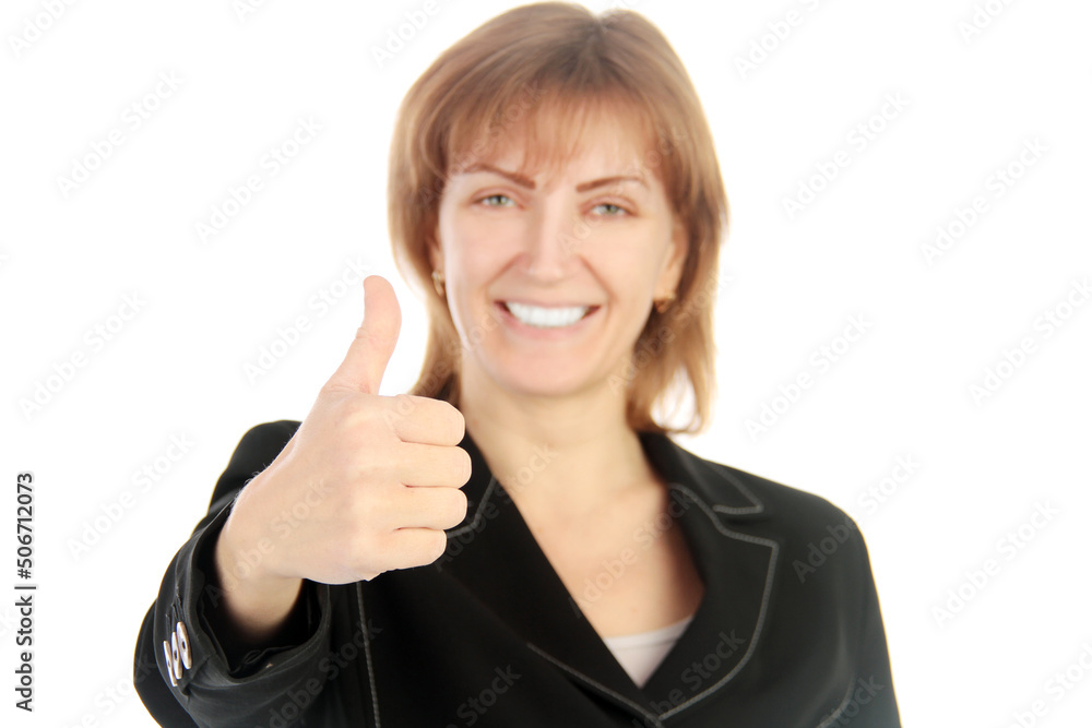 Businesswoman showing thumb up and smiling, nod in approval, say yes or alright, recommend product, approve and like it, white background Businesswoman showing thumb up and smiling, nod in approval, say yes or alright, recommend product, approve and like it, white background