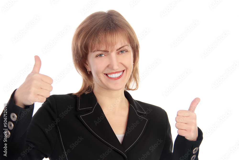 Businesswoman showing thumb up and smiling, nod in approval, say yes or alright, recommend product, approve and like it, white background Businesswoman showing thumb up and smiling, nod in approval, say yes or alright, recommend product, approve and like it, white background