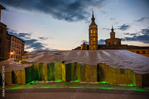 Spanish Fountain (Fuente de la Hispanidad) in Zaragoza downtown, evening lights, Aragon, Spain photo