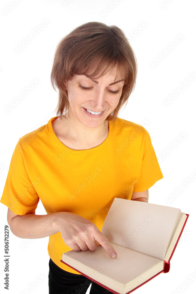 Woman reading a red book over isolated background Woman reading a red book over isolated background