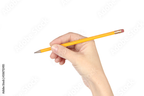 Woman hand holding yellow pencil isolated on white background