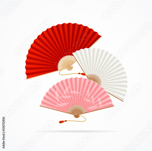 Realistic Detailed 3d Asian Hand Fans Set. Vector