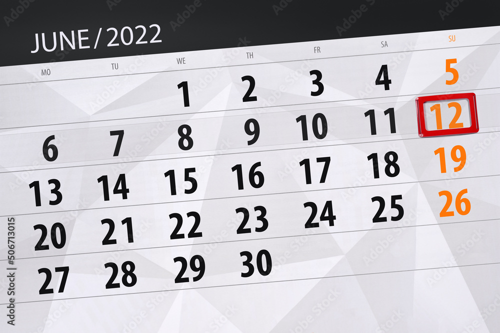 Obraz premium Calendar planner for the month june 2022, deadline day, 12, sunday