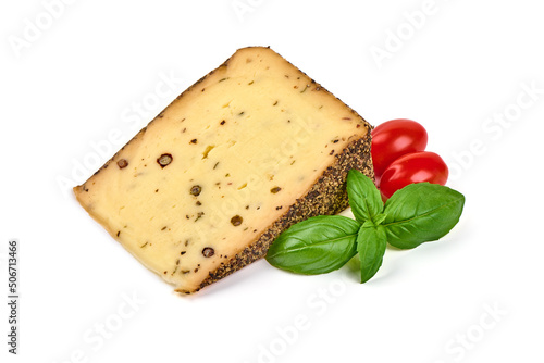Hard cheese with pepper, pecorino formaggio pepato stagionato, isolated on white background.