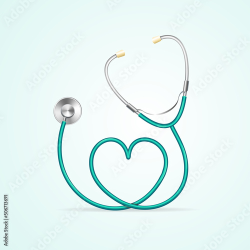 Realistic Detailed 3d Blue Stethoscope witch Heart Shape. Vector