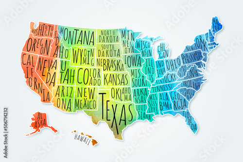 Multicolored watercolor USA map with borders of the states and names on gray background