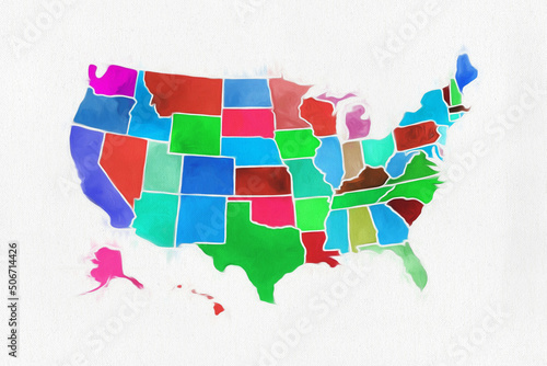 Multicolored watercolor USA map with borders of the states on canvas background