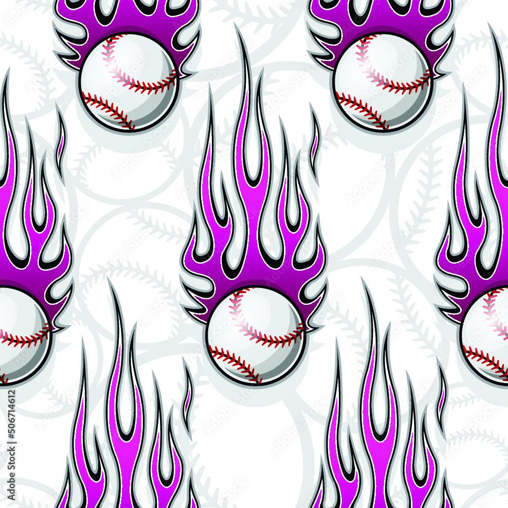 Printable Seamless Pattern With Baseball Softball Ball And Hotrod Flame.  Vector Illustration. Ideal For Wallpaper Packaging Fabric Textile Wrapping  Paper Design And Any Decoration. Royalty Free SVG, Cliparts, Vectors, and  Stock Illustration.