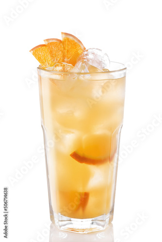 Orange juice in a glass. Photo of drinks on a white background
