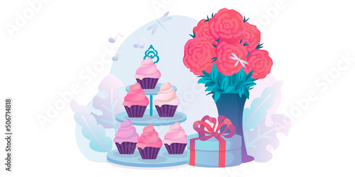 Gift set. A gift with a red bow, a bouquet of flowers in a vase, cupcakes on a stand. Holiday sweets. Vector illustration isolated on white background.