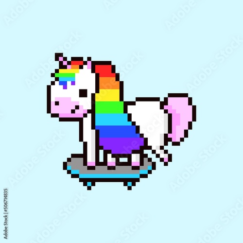 Pixel unicorn on skateboard. Cute mythical animal with rainbow mane rides around happily. Cartoon cheerful character for childrens screensavers and 8bit vector games