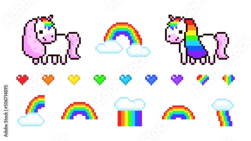 Pixel unicorns and rainbows set. Cute mythical ponies with colorful hearts and clouds. Joyful childish design and characters for 8bit vector game