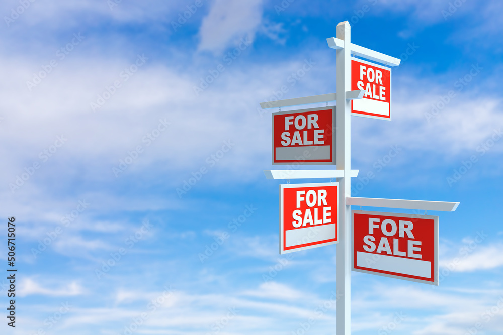 For Sale Real Estate Signs over Clouds and Blue Sky with Sun Rays. 3d Rendering For Sale Real Estate Signs over Clouds and Blue Sky with Sun Rays. 3d Rendering