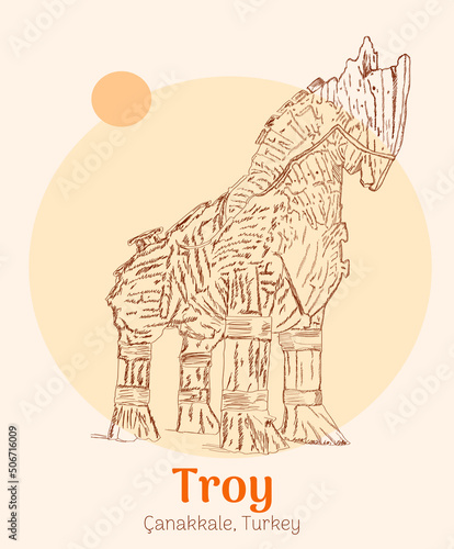 Wooden Trojan Horse Drifting on a Plinth Hand Drawn Sketch Illustration
