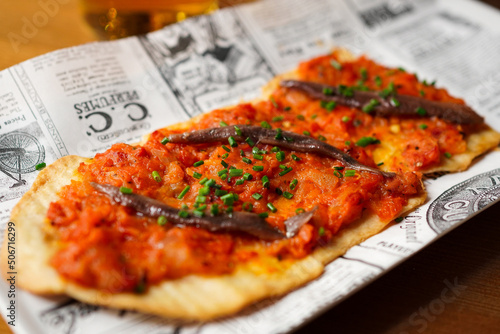 Typical Mallorcan food,  Coca de escalivada con anchoas photo