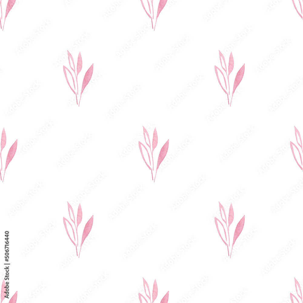 Watercolor Floral Seamless  Pattern with Delicate Leaves. Pink Spring Blossom Design for Greeting Cards, Advertising, Banners, Leaflets and Flyers. Botanical Summer Concept, Design Element.