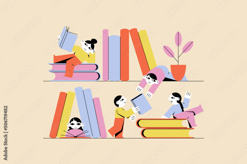 Book exchange, bookcrossing by young students illustration. Literary