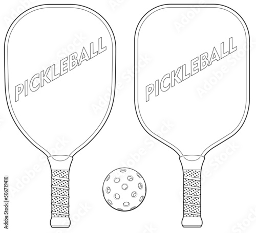 Line Illustration of two different styles of pickleball paddles and a ball.