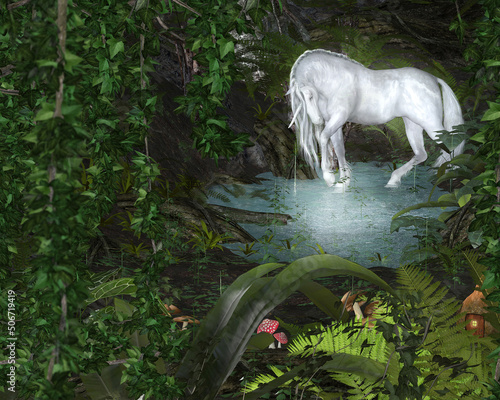 An enchanted forest with a glowing white unicorn.