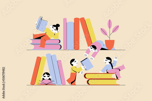Book exchange, bookcrossing by young students illustration. Literary club concept between friends. Vector flat isolated design of bookstore shelf. Readers exchange literature. 