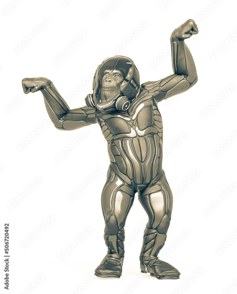 chimpanzee astronaut is showing the power in white background chimpanzee astronaut is showing the power in white background