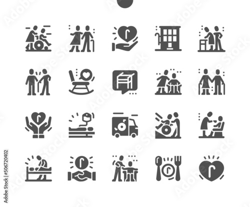 Elderly services. Support. Assistance with disability. Pensioner, aged, clinic and disabled. Health care, medical and medicine. Vector Solid Icons. Simple Pictogram