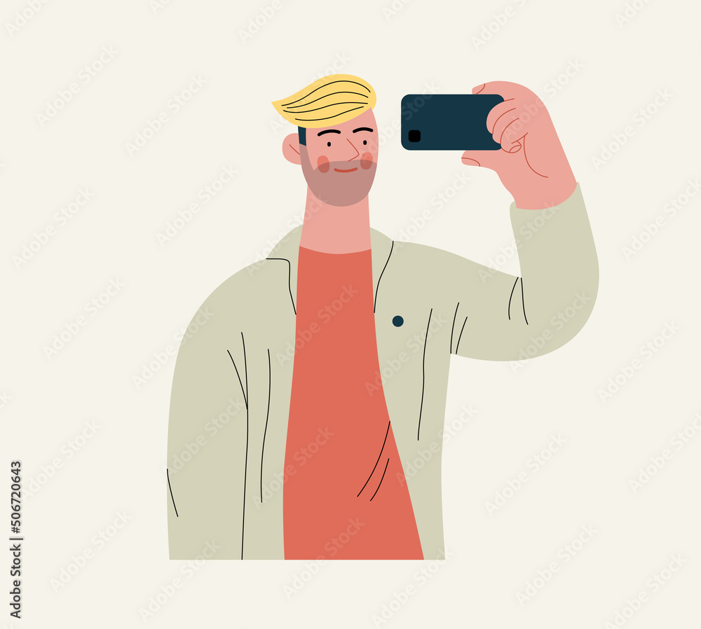People portrait - Taking photos -Modern flat vector concept illustration of a young man taking photo with a phone, half-length portrait, user avatar. Creative landing web page illustartion