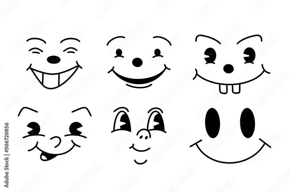 Retro 30s cartoon mascot characters funny faces. 50s, 60s old animation eyes and mouths elements. Retro comics set. Different emotions Retro 30s cartoon mascot characters funny faces. 50s, 60s old animation eyes and mouths elements. Retro comics set. Different emotions