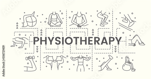 Web banner physiotherapy with illustrations of massage and various physical exercises on the fitball, with dumbbells, vector linear graphics.