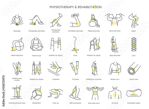 Set of icons physiotherapy and rehabilitation, dumbbell exercises, back exercises, with rubber band, spine and fitball exercises, adaptive yoga, push up and squat. Linear vector illustration