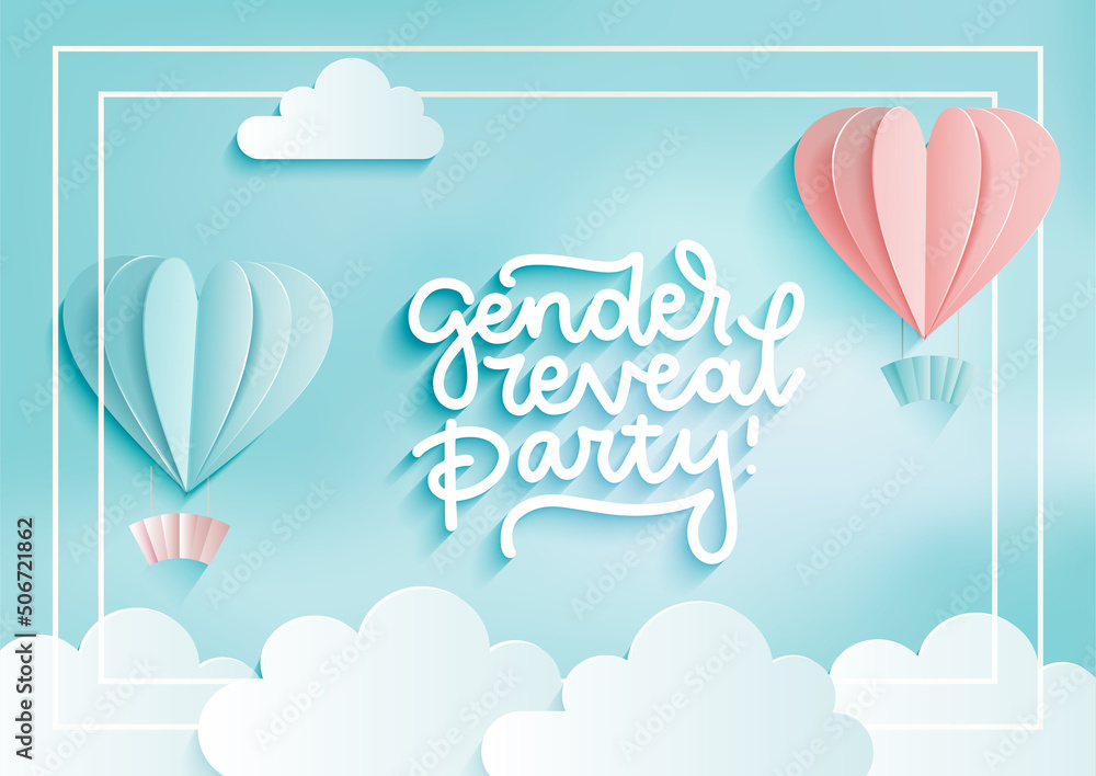 3D Invitation card template to the Gender reveal party. Pink and blue hot air balloons in the cloudy sky with lettering text. Vector realistic paper cut illustration.
