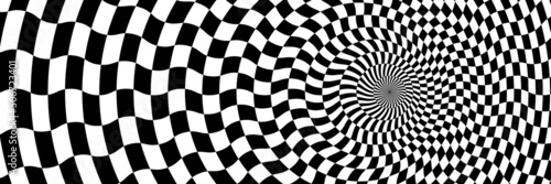 Vector abstract checkered background. Simple illustration with optical illusion, op art. Long horizontal banner.