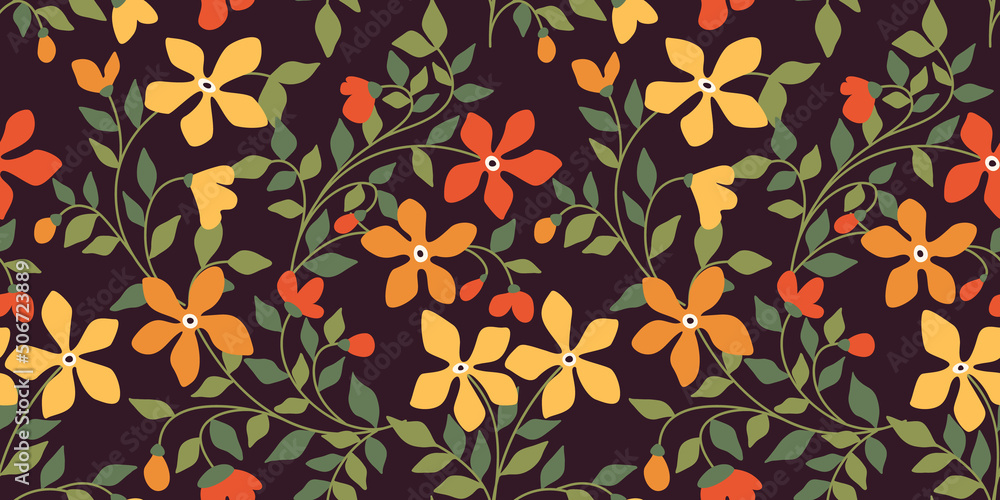 Seamless pattern with autumn botanical composition on a dark background. Vintage floral print with rustic plant bush, small yellow flowers, leaves on branches. Vector illustration. Seamless pattern with autumn botanical composition on a dark background. Vintage floral print with rustic plant bush, small yellow flowers, leaves on branches. Vector illustration.