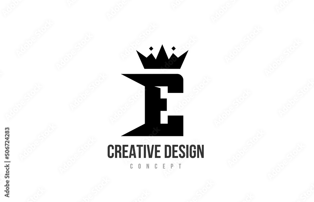 E black and white alphabet letter logo icon design with king crown and spikes. Template for company and business E black and white alphabet letter logo icon design with king crown and spikes. Template for company and business