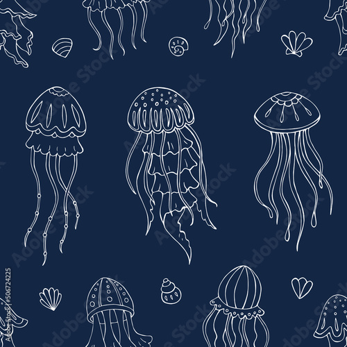 Seamless vector pattern with sketch of jellyfish and sea shells. Sea seamless vector pattern. Decoration print for wrapping, wallpaper, fabric. 