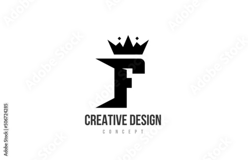 F black and white alphabet letter logo icon design with king crown and spikes. Template for company and business