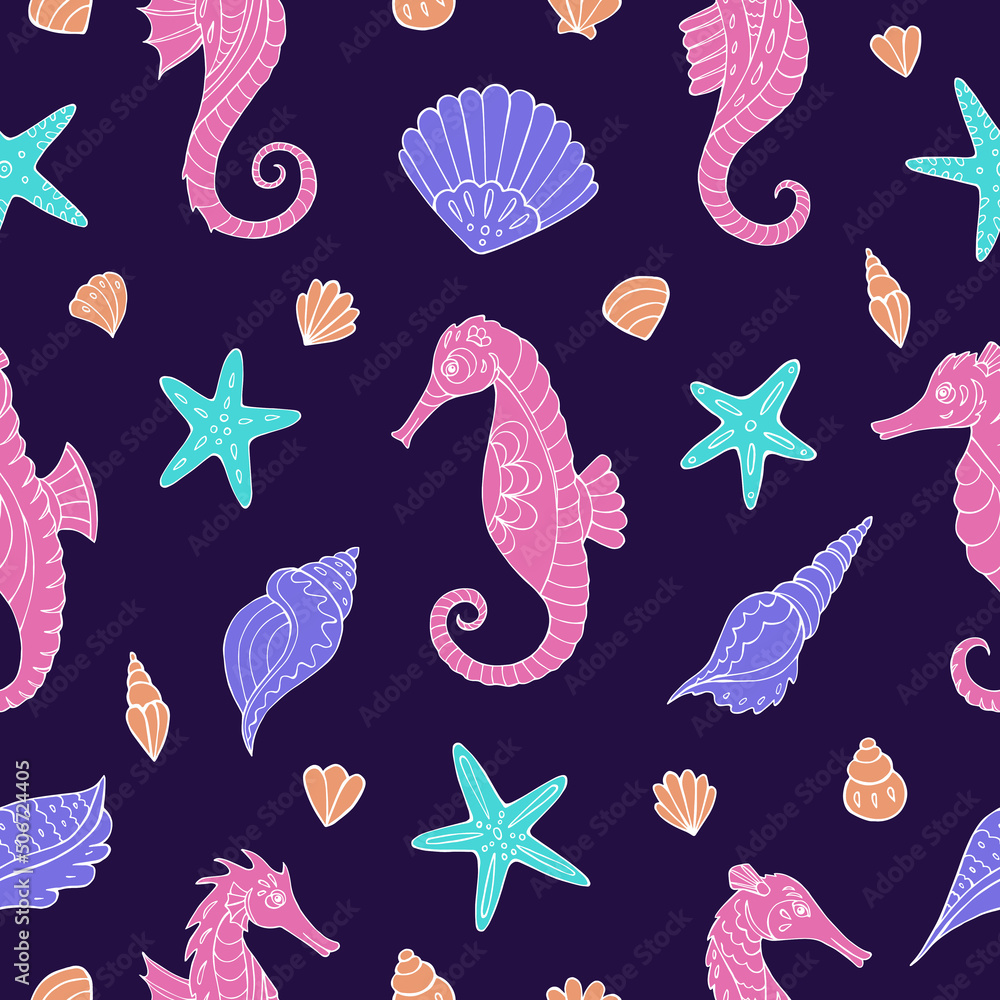 Seamless vector pattern with sketch of hippocampus, starfish and sea shells. Sea seamless vector pattern. Decoration print for wrapping, wallpaper, fabric.