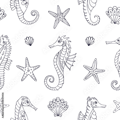 Seamless vector pattern with sketch of hippocampus  starfish and sea shells. Sea seamless vector pattern. Decoration print for wrapping  wallpaper  fabric.